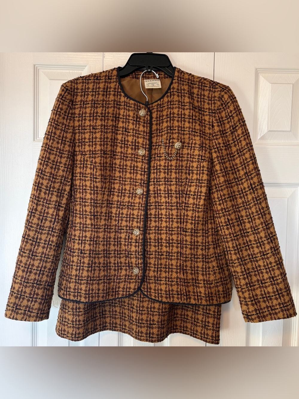 Vintage Alexon 100% Pure New Wool Plaid Tweed Skirt Suit Set Size US 10 / UK 12
